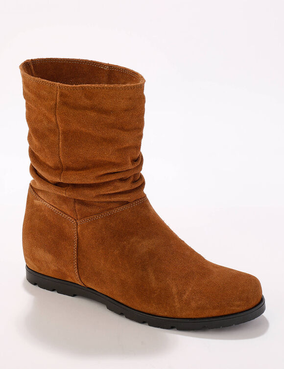 Bottes plissées mi-hautes en cuir velours, semelle compensée invisible (caramel) Bottes plissées mi-hautes en cuir velours, semelle compensée invisible (caramel)